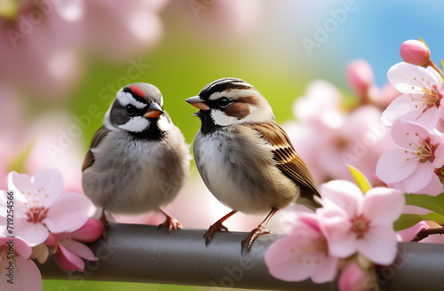 small funny Sparrow Chicks sit in the garden surrounded by pink Apple blossoms on a Sunny may day © Kseniya Ananko