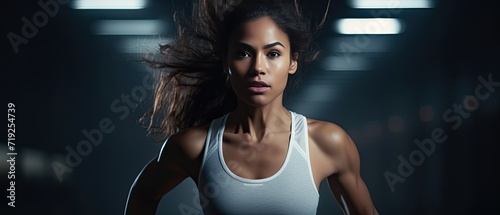 focused determinded beautiful sporty woman running in light sportswear on black background