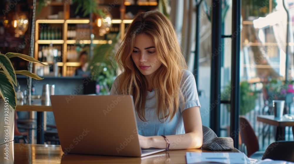 Young businesswoman working on laptop while sitting in cafe. Attractive female freelancer using computer at table in cafe. Young businesswoman working on laptop while sitting in cafe. Attractive female freelancer using computer at table in cafe.
