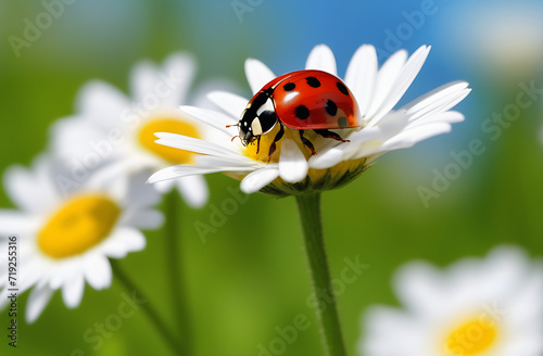 red ladybug on camomile flower, ladybird creeps on stem of plant in spring in garden in summer