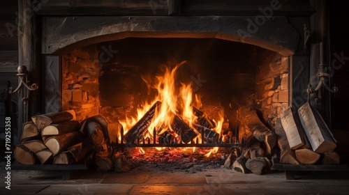 Close up of cozy rustic fireplace with burning firewood in a home interior setting.