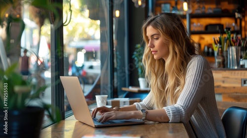 Attractive young woman using a laptop in a cafe. Freelance business concept.