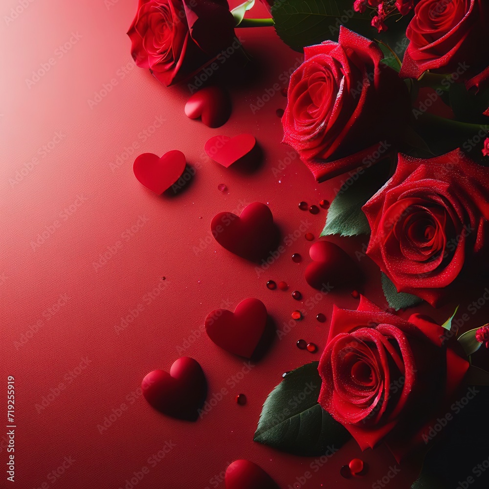 Red Roses on red background and wallpaper copy space use for valentine's day concept