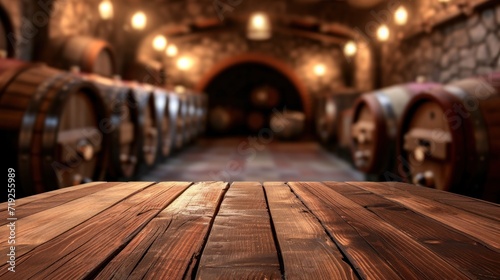 Wooden table for displaying products on the background of a large wine cellar, wine barrels.