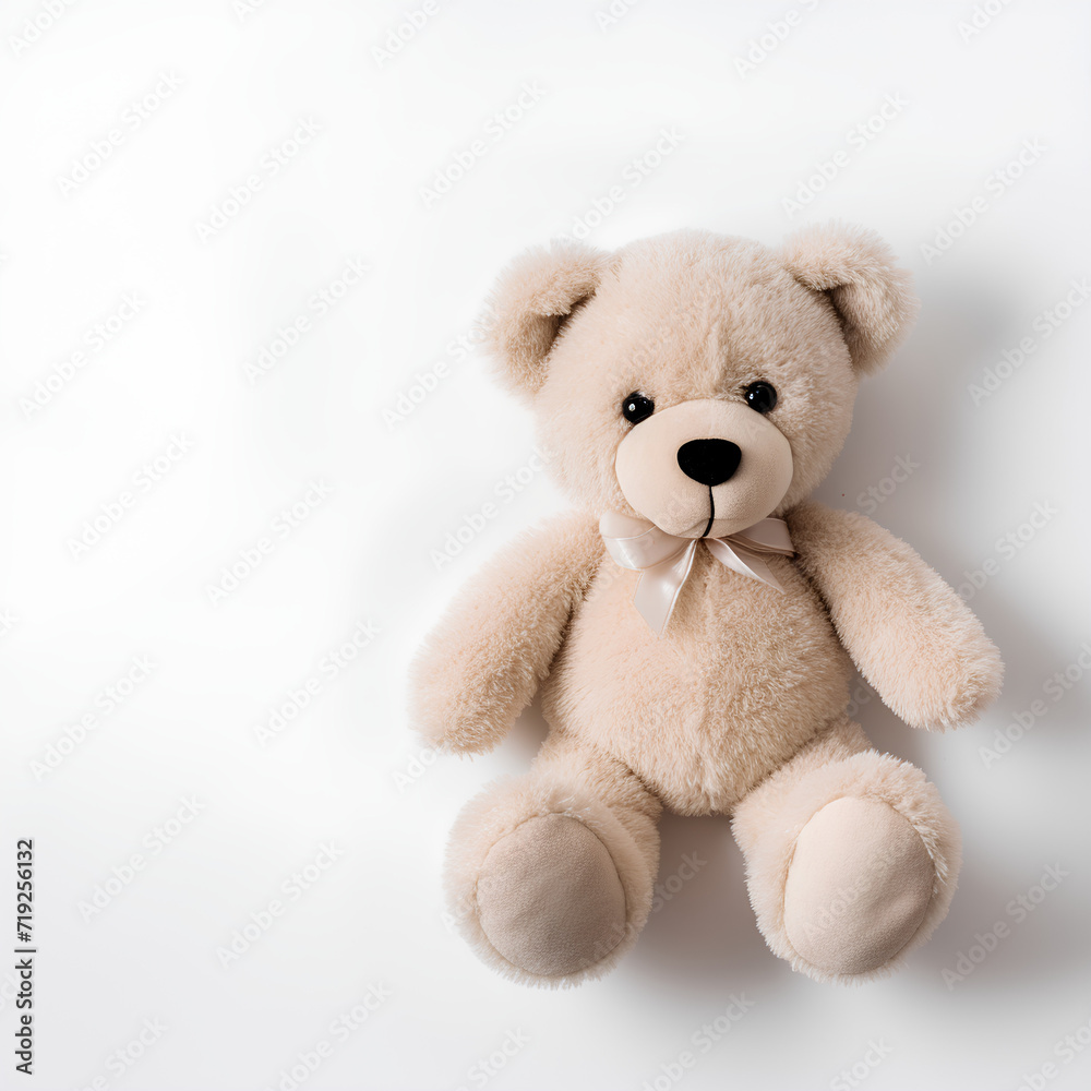 Brown teddy bear. Plain white background.