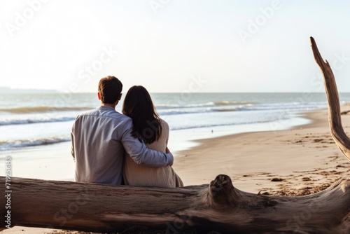 Couple hugging together on a log on the beach, copy space, back view