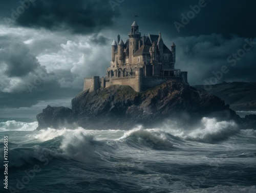 Moody Castle on a Cliff Overlooking Stormy Seas