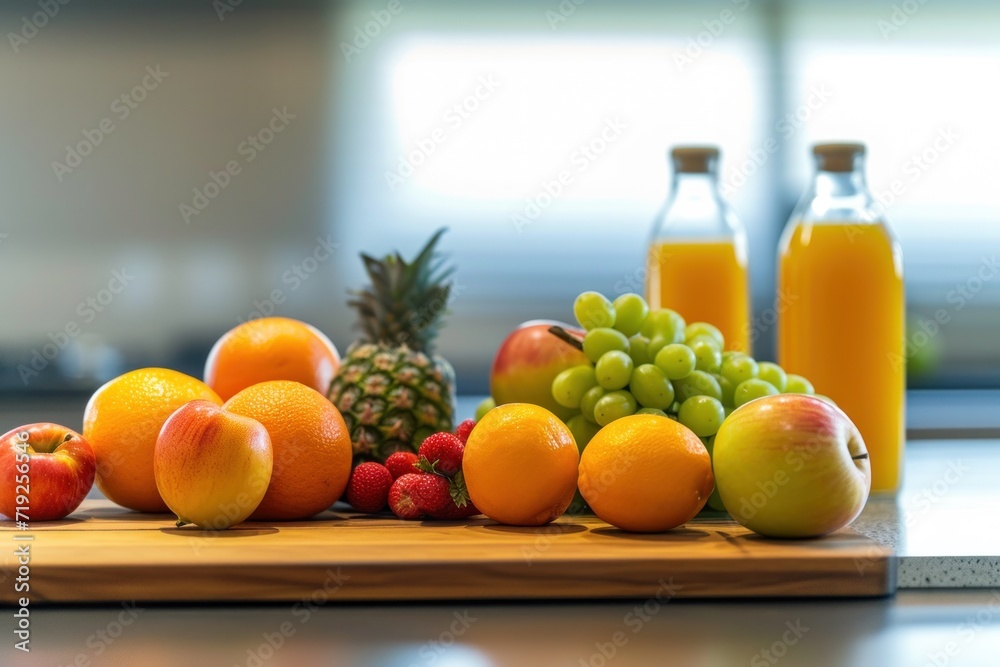 Front view of fruits and juices on wooden table, modern kitchen counter Front view of fruits and juices on wooden table, modern kitchen counter
