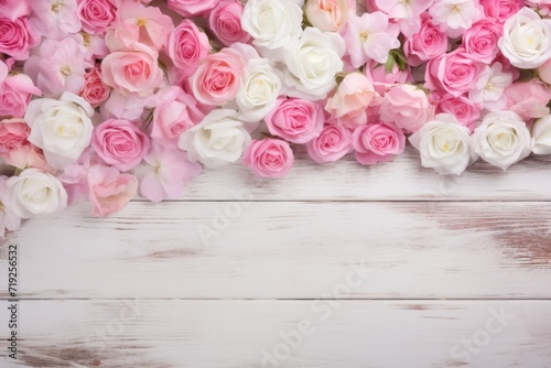 White and pink roses on painted wooden background. Place for text. © Оксана Олейник