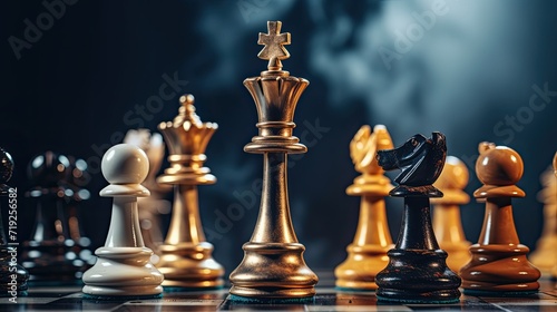 A chess board with chess pieces. The concept of leadership, strategy and tactics. Illustration for cover, card, postcard, interior design, banner, poster, brochure or presentation.