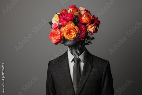 Man in a black and white suit with face covered with a bouquet of bright roses on a gray background.