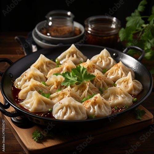 Traditional Asian mandu or dumplings on a serving platter with assorted sauces and side dishes on a dark background. Concept: international cuisine and recipes. 