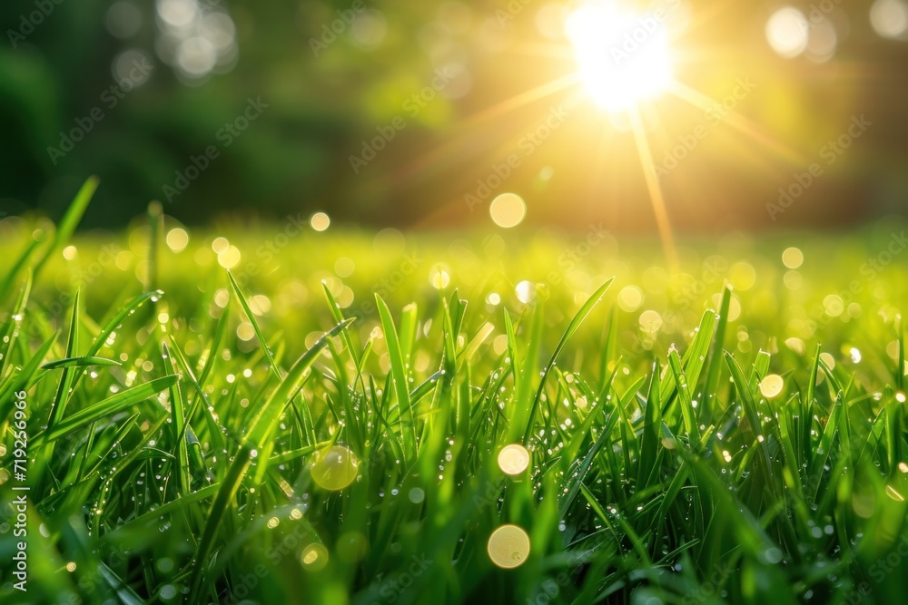Realistic green grass, nature and sunlight banner background