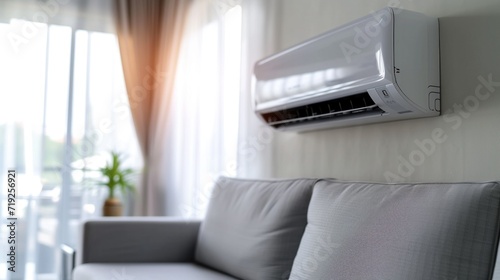 General air conditioner with modern bright living room background