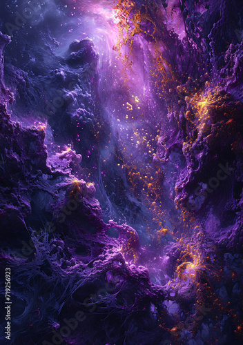 Mystical cosmic scene with vibrant purple hues and golden sparks. photo