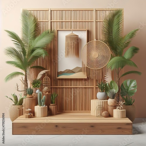 Wooden podium showcase for product with palm leaves