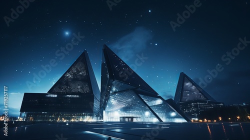 A breathtaking starry sky is visible in this low angle shot of modern futuristic business architecture.