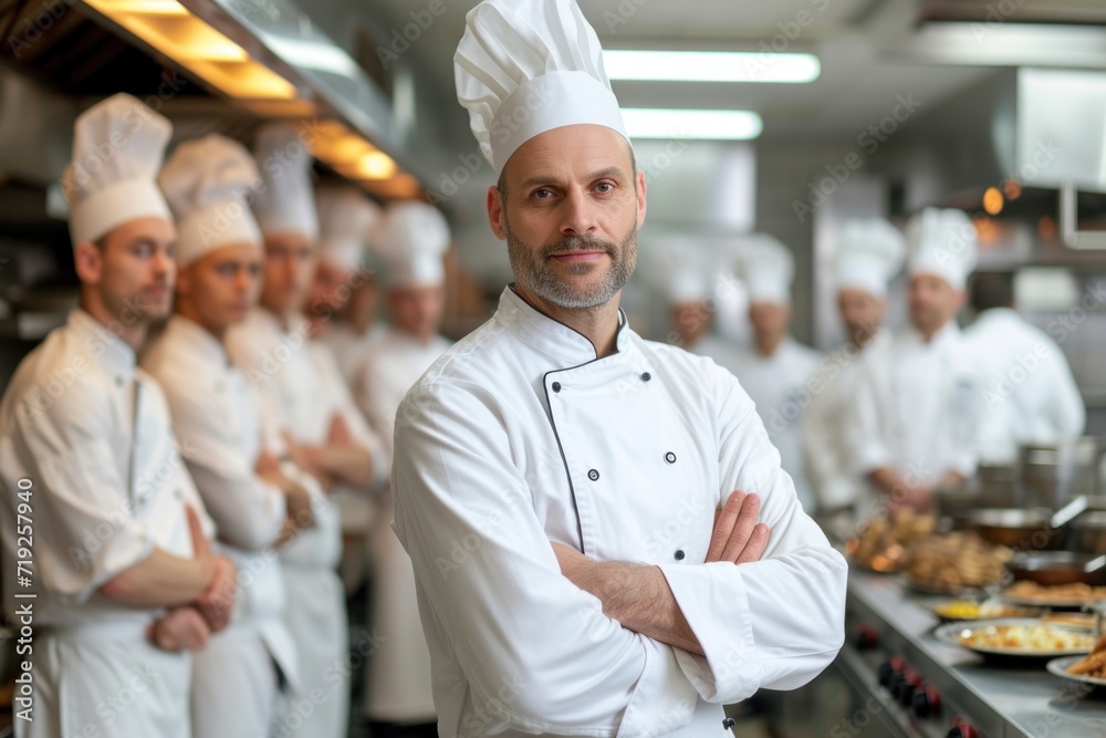 chef standing with his team on background in commercial kitchen at restaurant