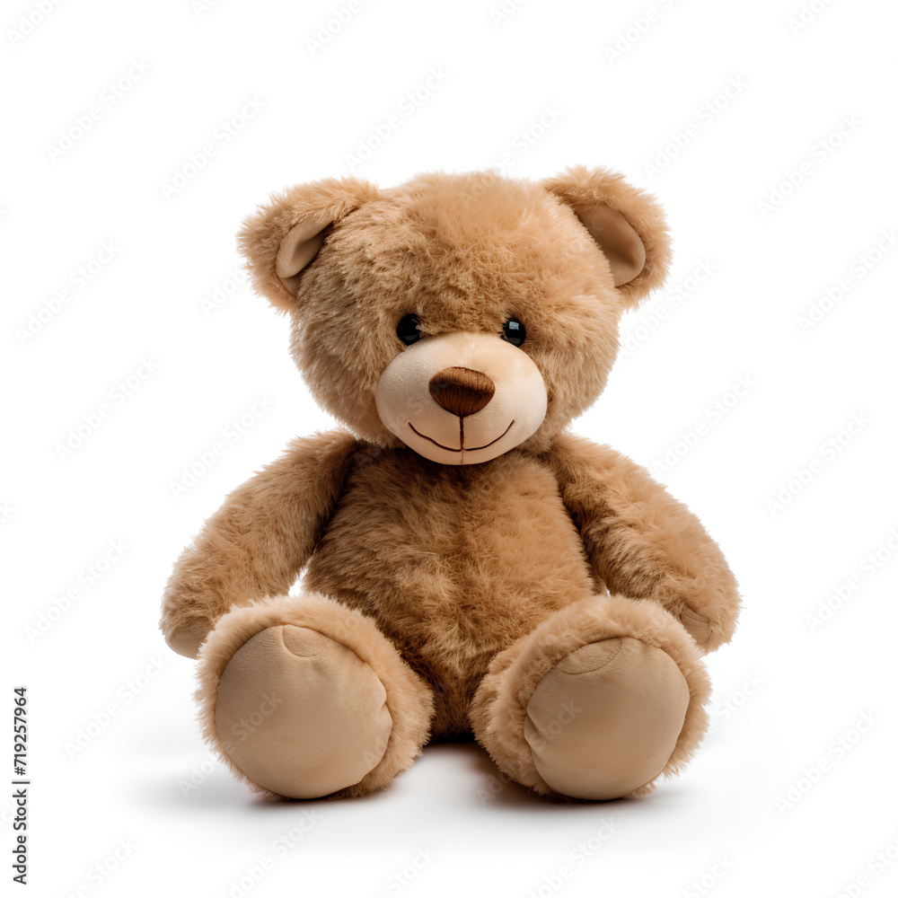 Brown teddy bear. Plain white background.