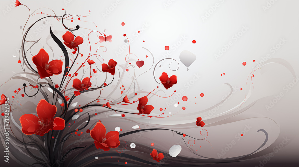 Postcard and background of red, black and white flowers and tree on white background 