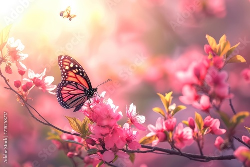 Spring banner background with many beautiful flowers and butterflies. © ORG