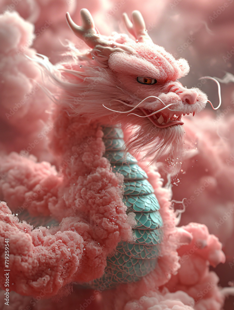 Cute, pink, fluffy dragon in a magical, sparkling environment