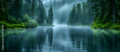 Misty foggy covering a fir forest  Pine tree Forest over a beautiful lake. panorama view.