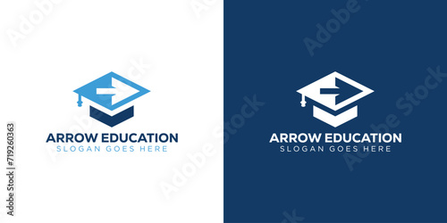Creative Arrow Education Logo. Graduation Hat, Academy School, Study University. Simple Education Logo Icon Symbol Vector Design Template. 