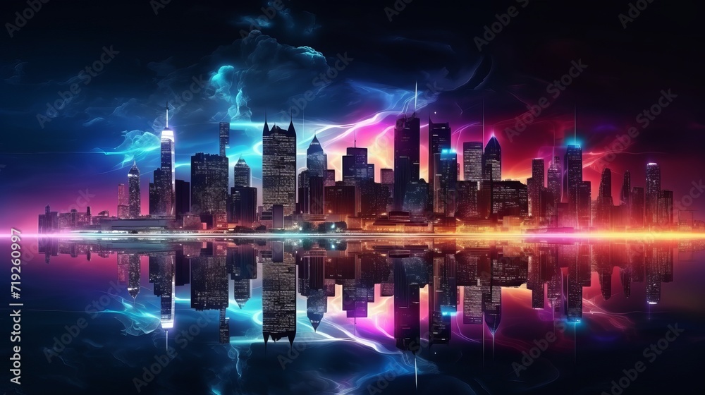 Reflecting neon lights in the water, there is a modern city with high-rise buildings and night street scene on the ocean in this 3d illustration.