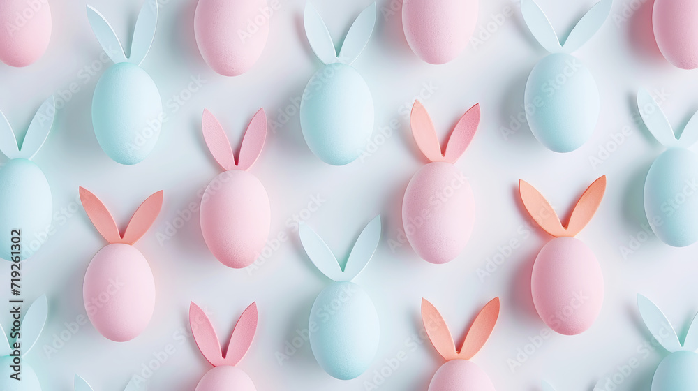 Aesthetic flat lay of Easter eggs in pastel colors with bunny ears. White background. Copy space. Generative AI