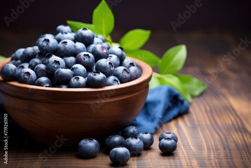 Fresh blueberries in a bowl on a wooden background, Blueberry banner, Ai generated