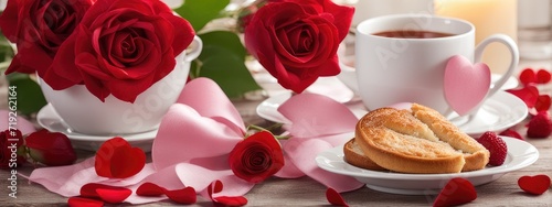 Breakfast table setting for saint valentine s day with hearts. Holiday love concept