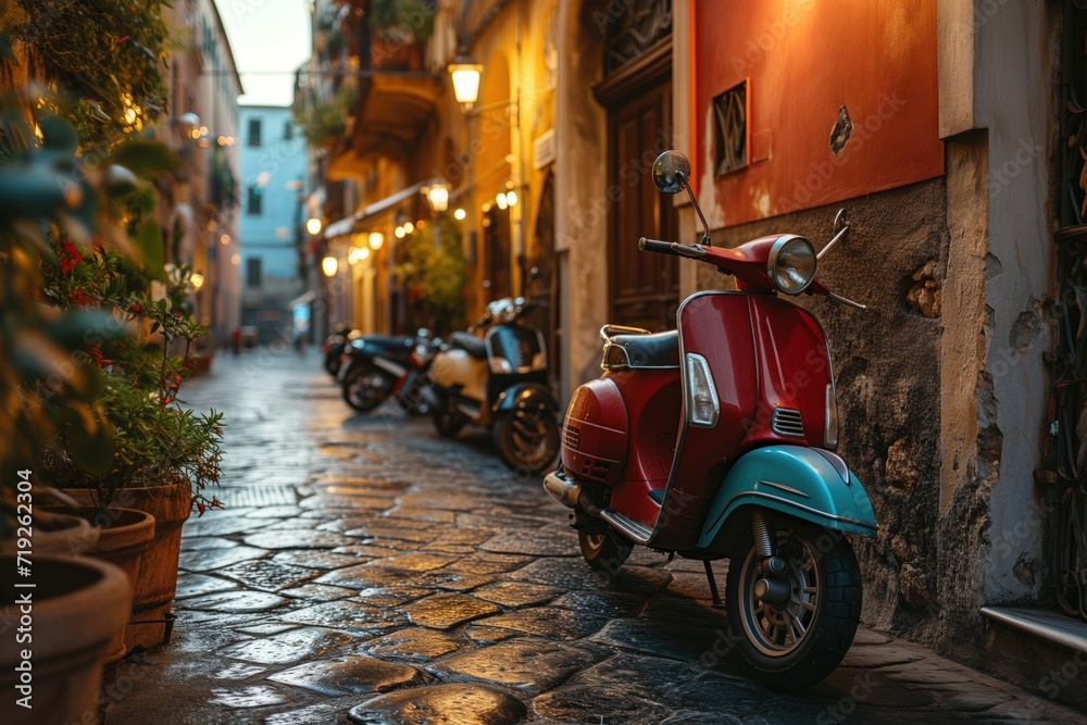 Scooters parking in a traditional italian street. Scooters parking in a traditional italian street.
