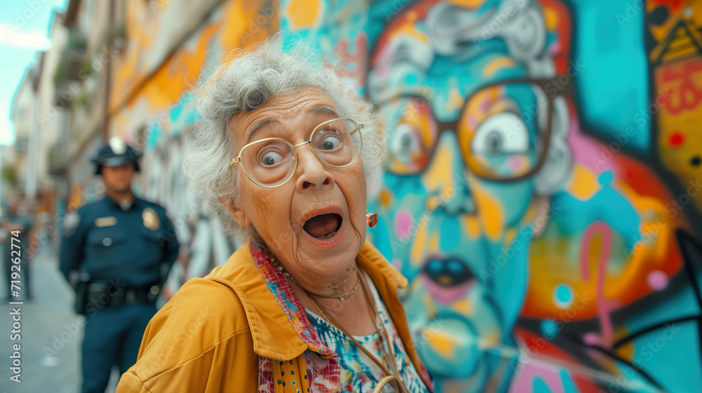 Amazed elderly lady in front of a graffiti wall, with a watchful police officer behind her