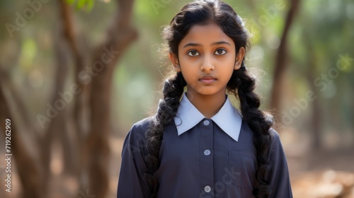 Portrait of happy indian girl with school bag standing outdoor. Neural network AI generated art