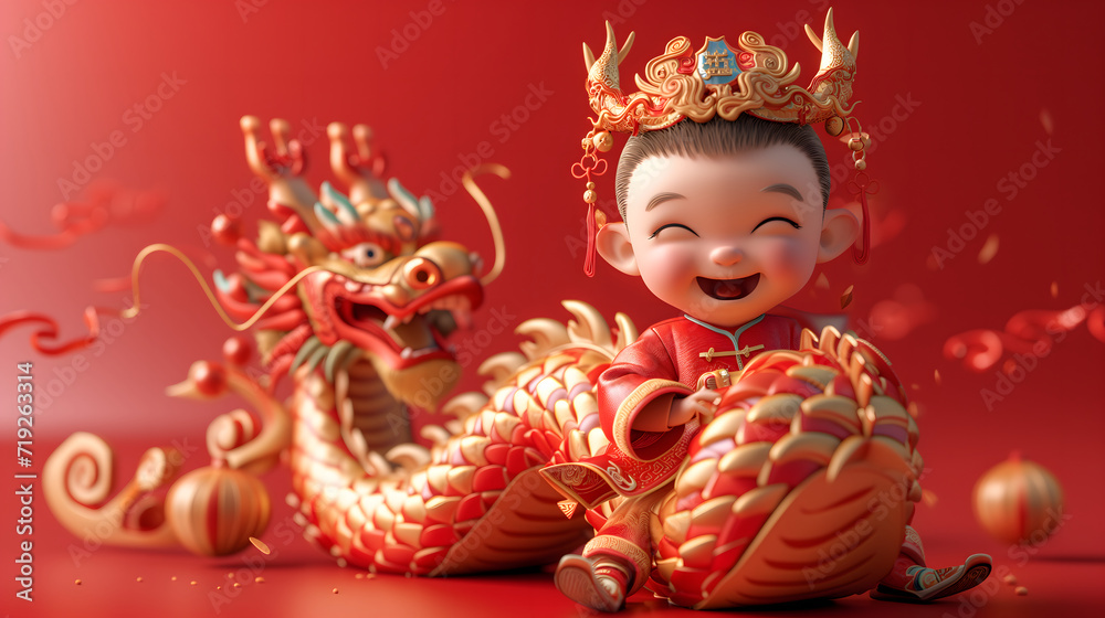 Chinese New Year seasonal social media background design with blank space for text. A cute happy Chinese boy in traditional outfit is sitting on a dragon on red background. Red and gold color scheme.