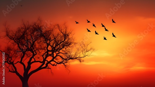 Silhouette dead tree and birds flying on sunset on red sky. Background for peaceful and tranquil concept. Light for hope and spiritual. Awakening and inspiration concept. Soul and respect concept.