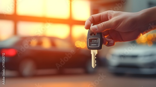 The driver hand is holding a keyless key to unlocking the car, photo with luxury car as blurred background. Ready for driving concept scene. © Ziyan