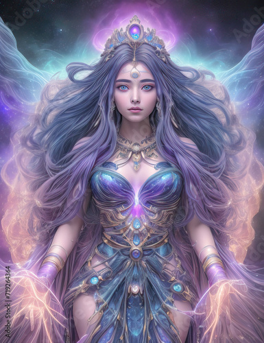Mystical fairy-tale girl with loose hair in flowing oriental clothes. The inner world of a person, star fire, zen life, girlish love, watercolor. Esoterics. Sacred knowledge