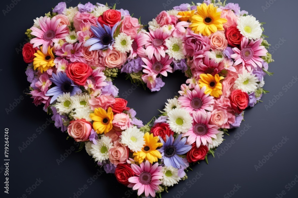 bouquet of flowers laid out in the shape of a heart. Wildflowers symbolize the beginning of spring and women's holiday. St. Valentine's Day. bouquet on a gray background. 