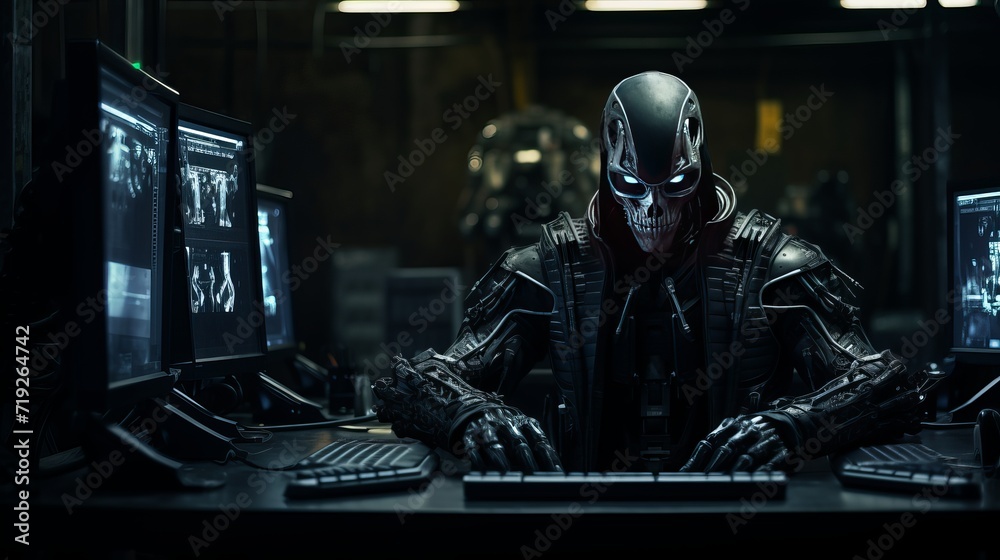 An image of a cyberpunk robot standing in a dark room surrounded by computer monitors An image of a cyberpunk robot standing in a dark room surrounded by computer monitors