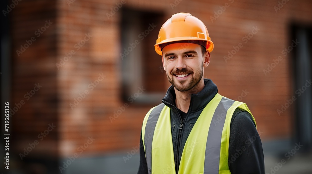 Bricks are being held by a young male builder who is smiling and wearing a uniform with gloves. Bricks are being held by a young male builder who is smiling and wearing a uniform with gloves.