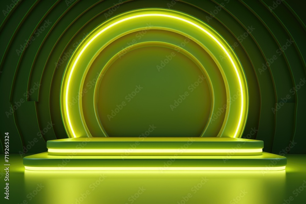 Fototapeta premium Abstract round podium illuminated with green neon lights