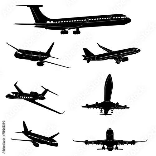 set of airplanes silhouette on white background, vector
