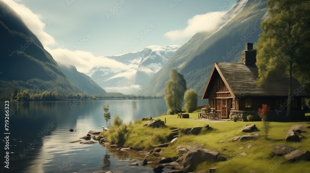 Fototapeta premium wooden cottage of the Norwegian culture and architecture in Norway near lake, lake house, mountains, sea, grass, nature, clouds