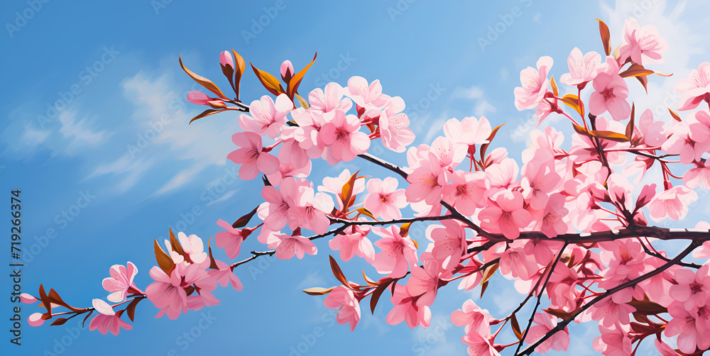 sakura flowers banner on a blue sky background with copy space