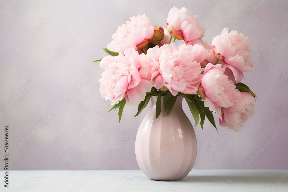 Beautiful flowers in interior design. Pink peonies in white enameled vase. Paper for invitation text, white peonies in a vase, interior decoration. Card for Mother's day, Valentine's day