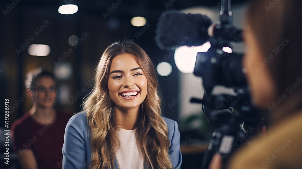 The two young women on the set for a tv interview are focused on women's tv studios. The two young women on the set for a tv interview are focused on women's tv studios.