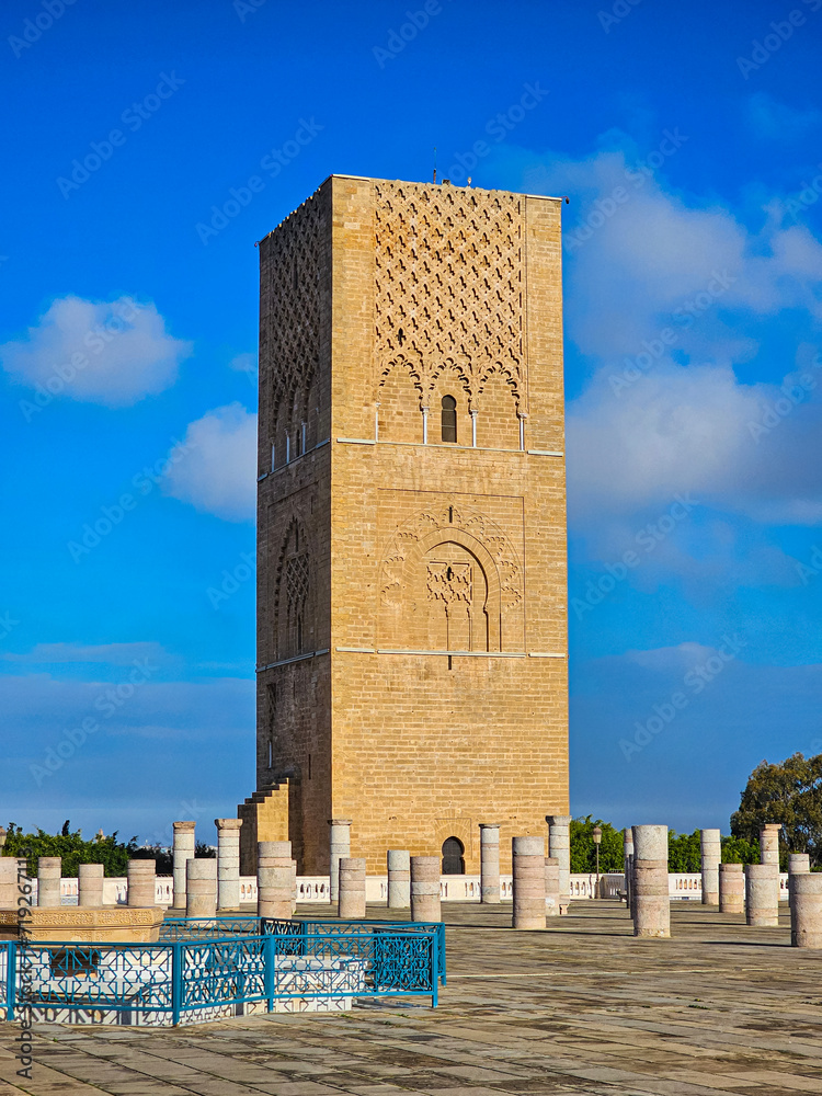 Scenic view of Hassan Tower or Tour Hassan , the minaret of an incomplete mosque in Rabat, Morocco.