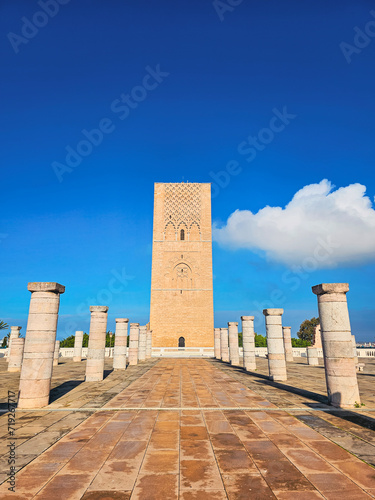 Scenic view of Hassan Tower or Tour Hassan , the minaret of an incomplete mosque in Rabat, Morocco.